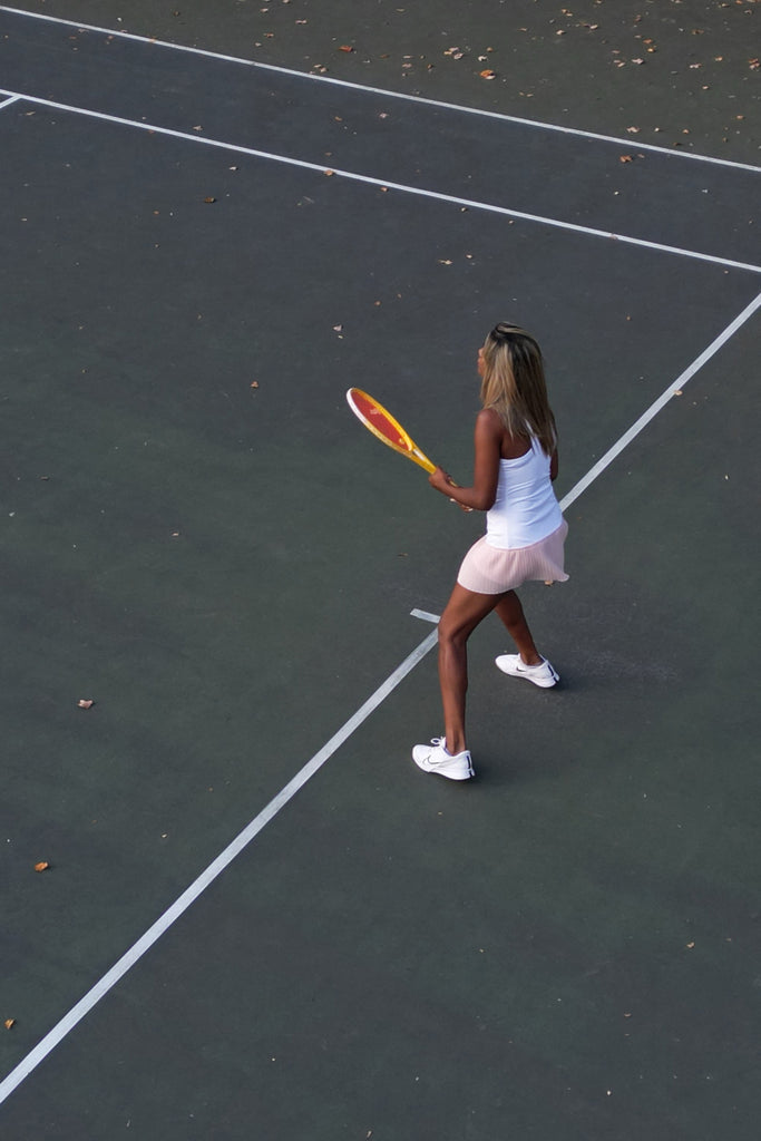 Coco Pleated Dress sustainable fashion white and pink tennis dress