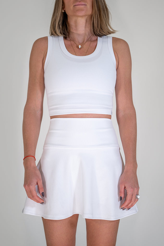 white tennis set with crop top and skirt front view